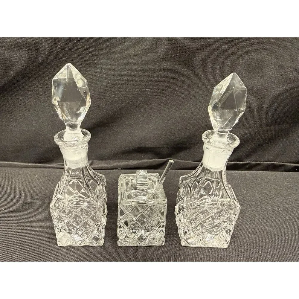 Rare Mini Crystal Clear Glass Cruets & Jam Jar W/ Spoon Set Of 3 Square Vintage